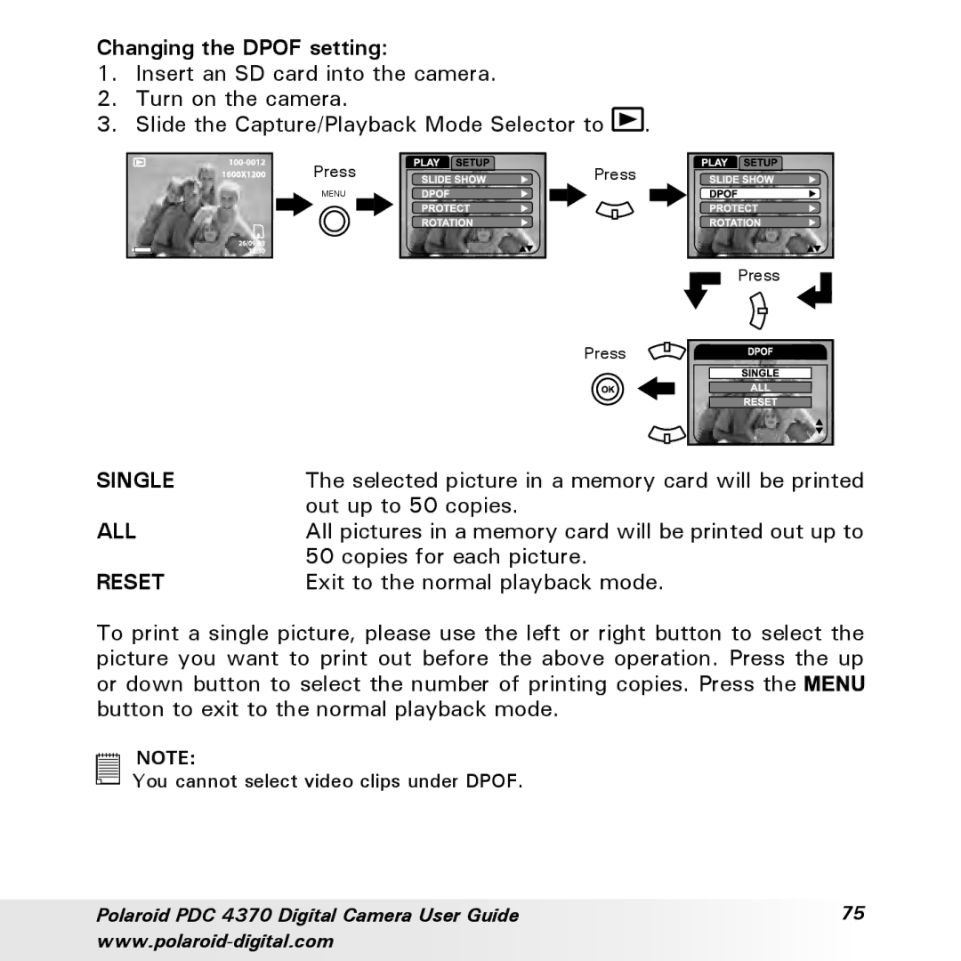 Polaroid PDC 4370 manual Changing the Dpof setting, Reset 