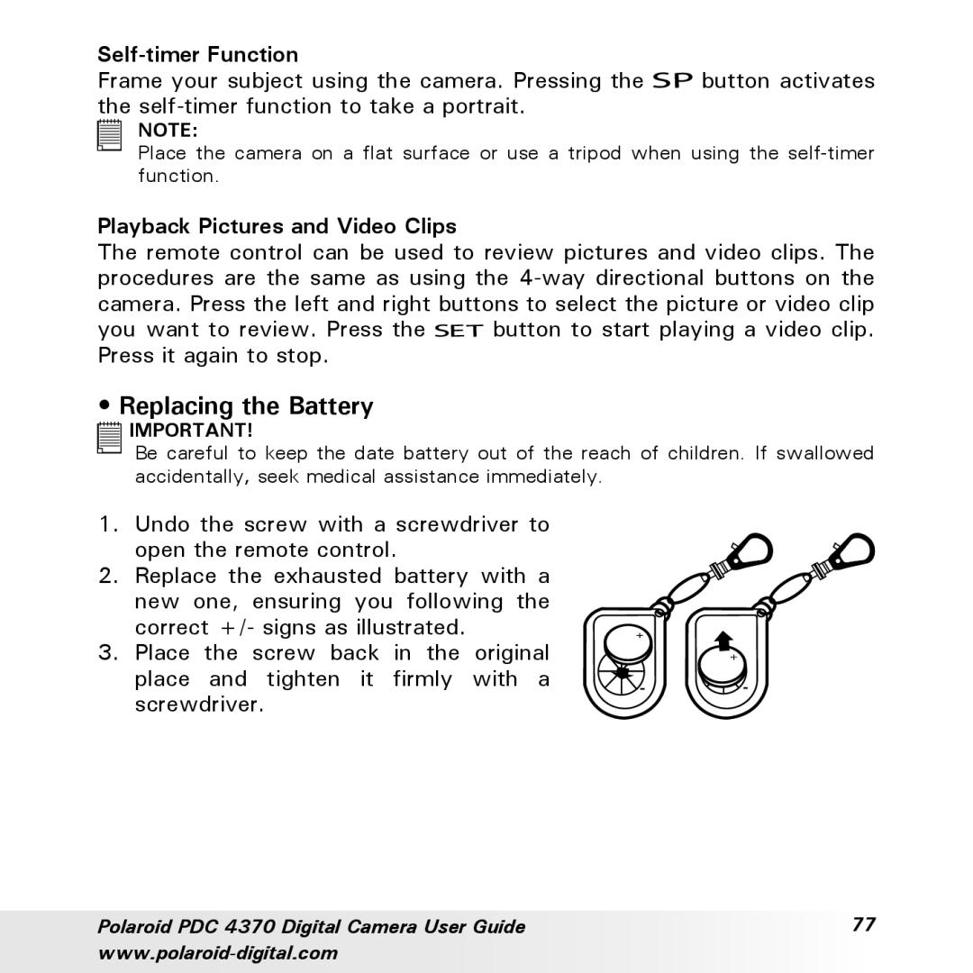 Polaroid PDC 4370 manual Replacing the Battery, Self-timer Function, Playback Pictures and Video Clips 