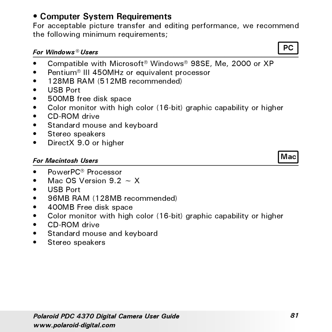 Polaroid PDC 4370 manual Computer System Requirements 