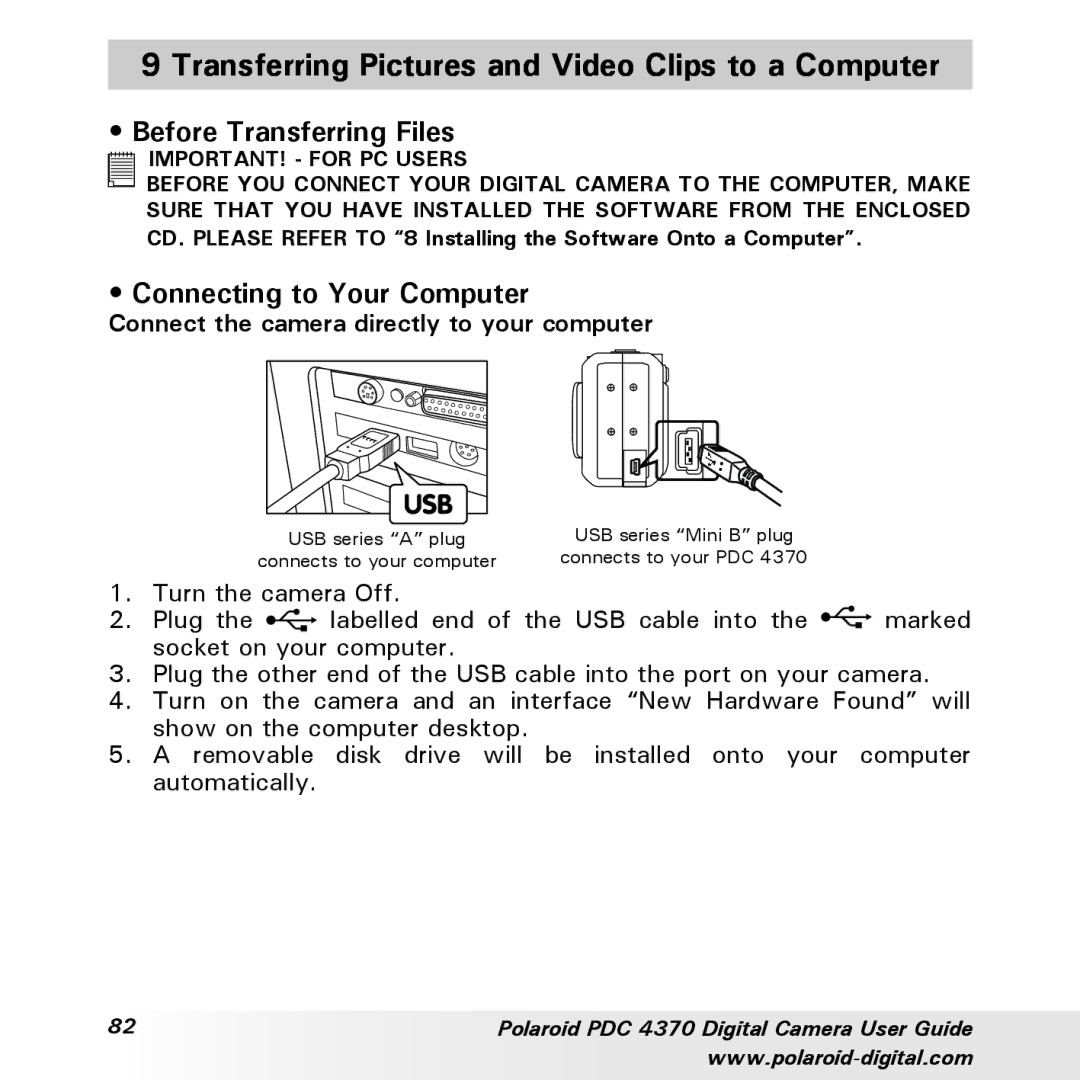 Polaroid PDC 4370 manual Transferring Pictures and Video Clips to a Computer, Before Transferring Files 