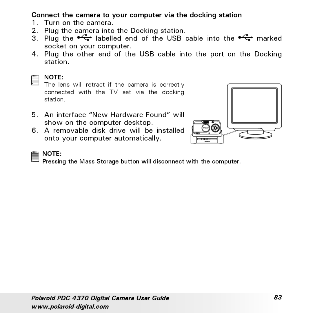 Polaroid PDC 4370 manual Connect the camera to your computer via the docking station 