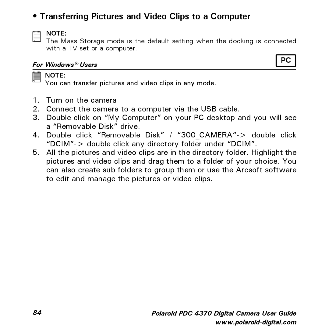 Polaroid PDC 4370 manual Transferring Pictures and Video Clips to a Computer 