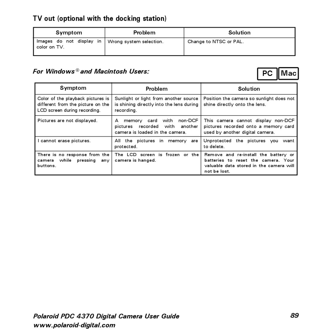 Polaroid PDC 4370 manual TV out optional with the docking station, Mac 