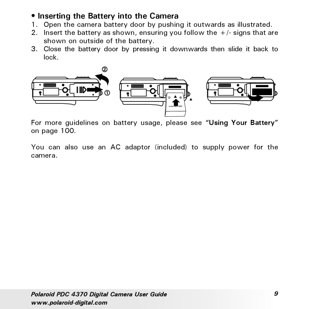 Polaroid PDC 4370 manual Inserting the Battery into the Camera 