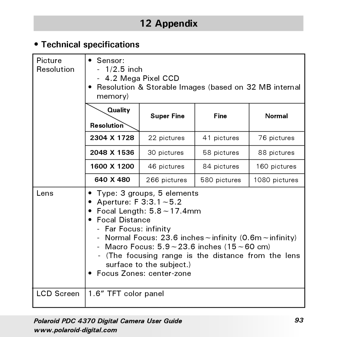 Polaroid PDC 4370 manual Appendix, Technical specifications 