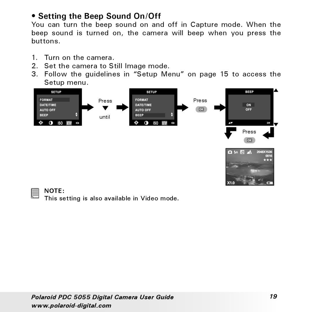 Polaroid PDC 505 manual Setting the Beep Sound On/Off 