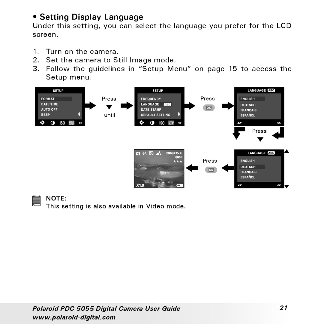 Polaroid PDC 505 manual Setting Display Language 