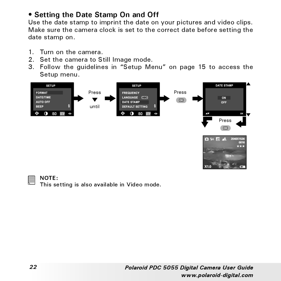 Polaroid PDC 505 manual Setting the Date Stamp On and Off 