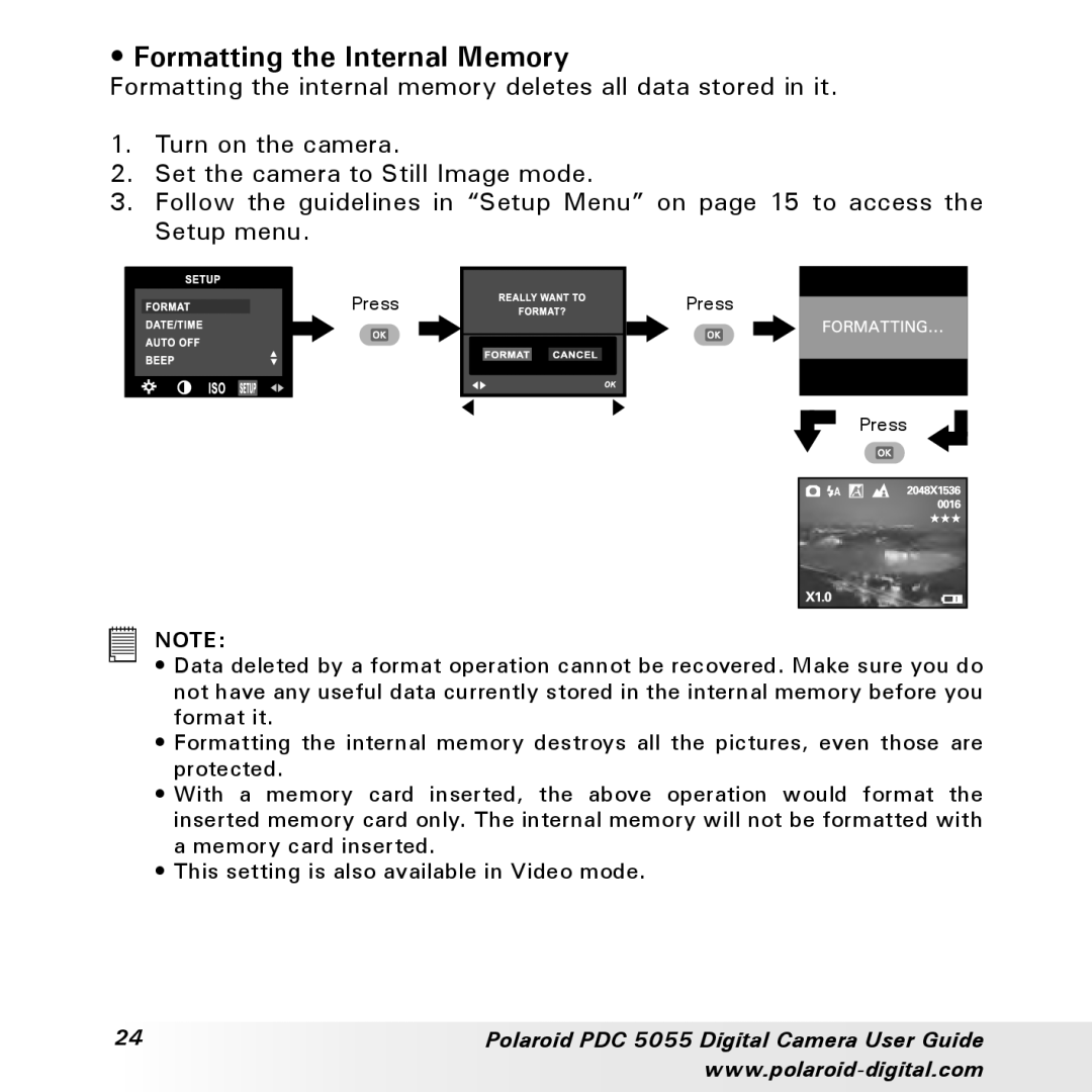 Polaroid PDC 505 manual Formatting the Internal Memory 