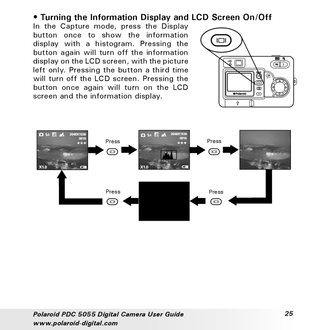 Polaroid PDC 505 manual Turning the Information Display and LCD Screen On/Off 