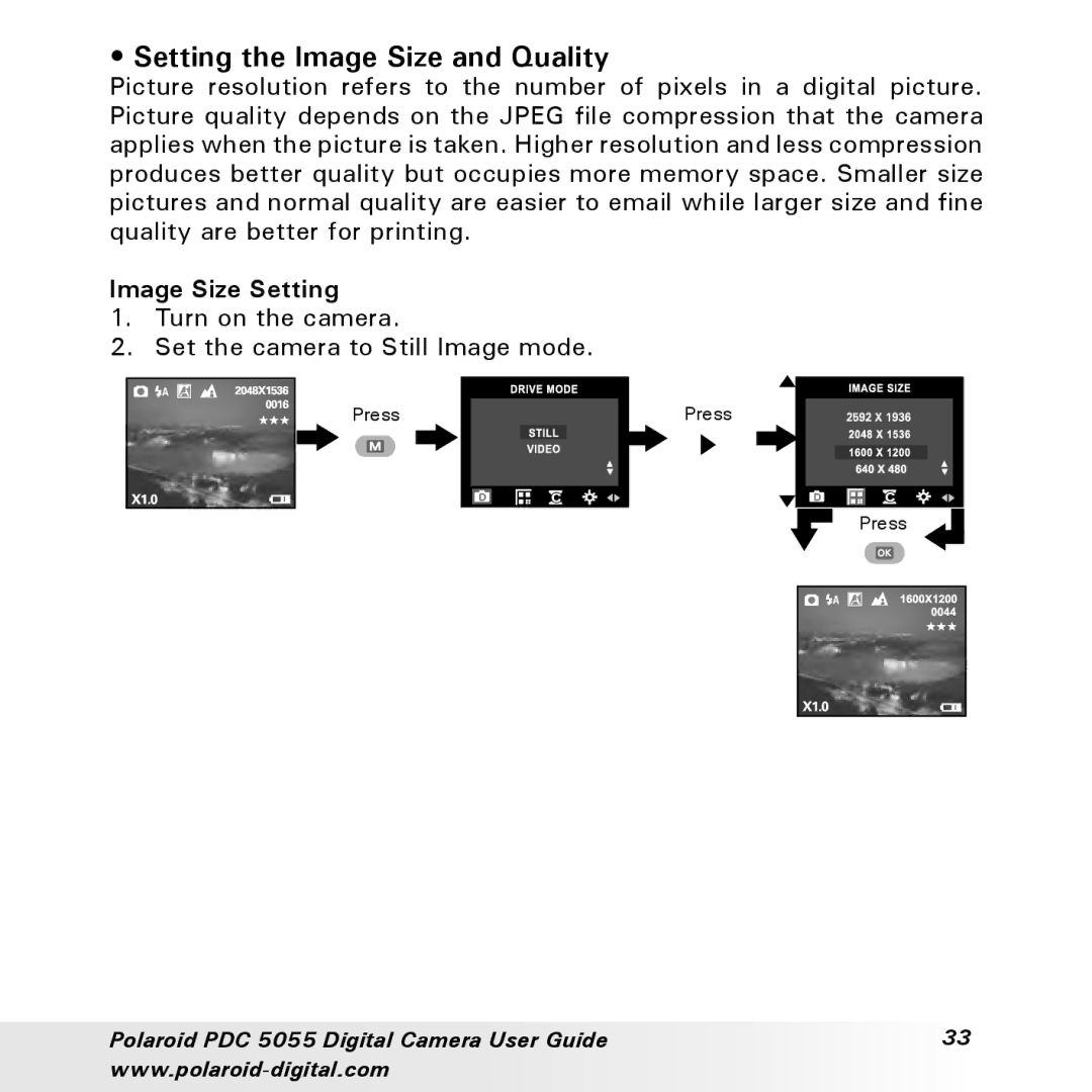 Polaroid PDC 505 manual Setting the Image Size and Quality, Image Size Setting 