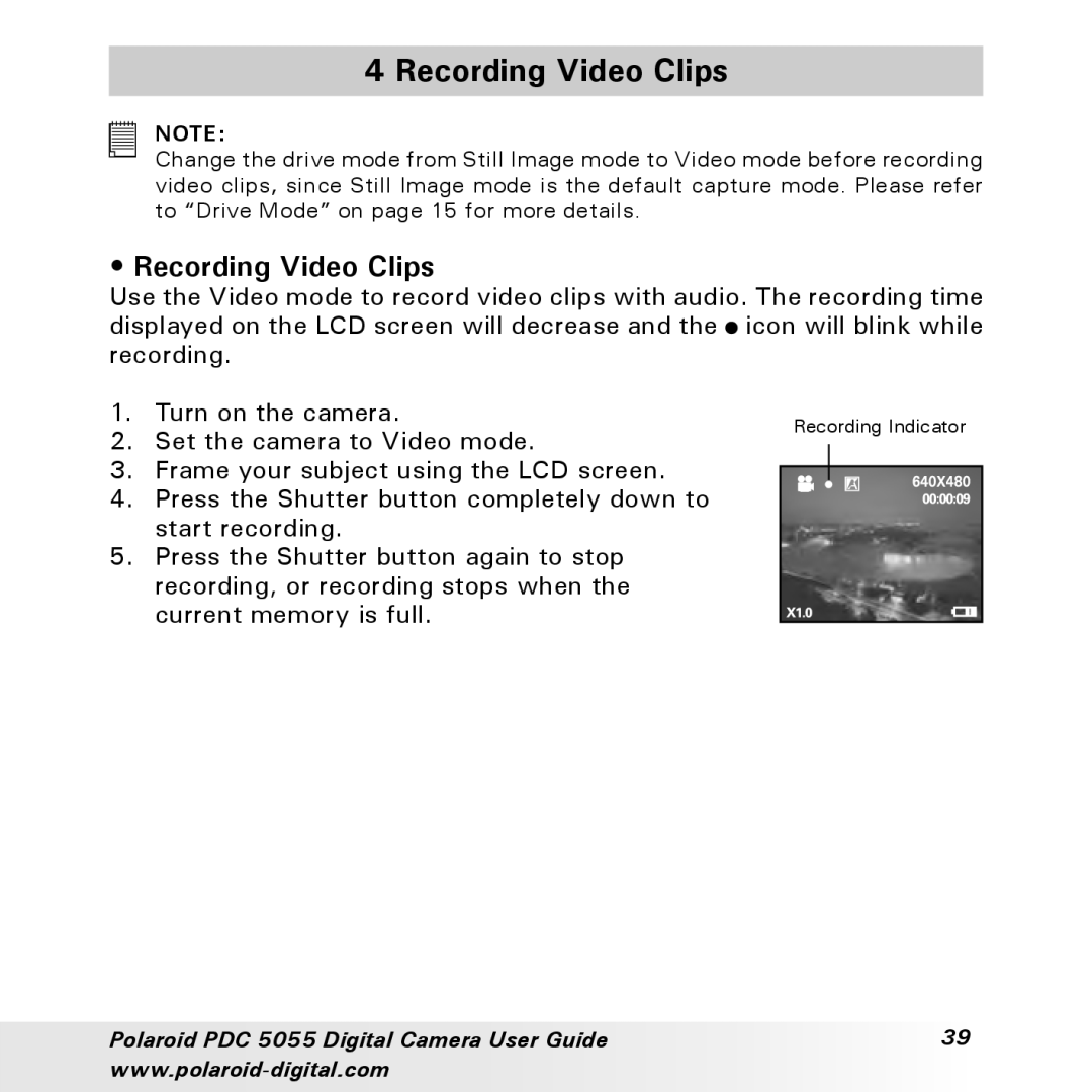 Polaroid PDC 505 manual Recording Video Clips 