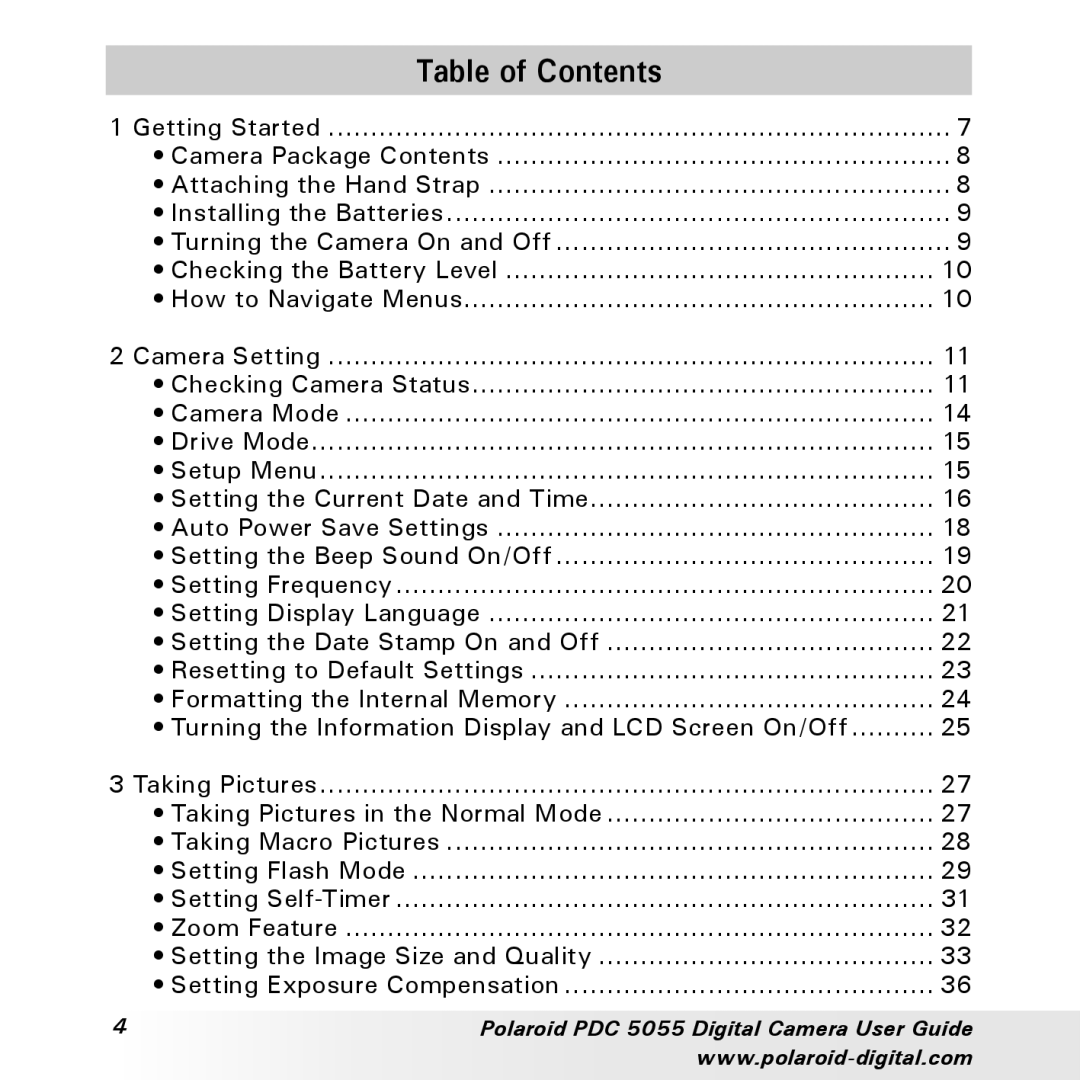 Polaroid PDC 505 manual Table of Contents 