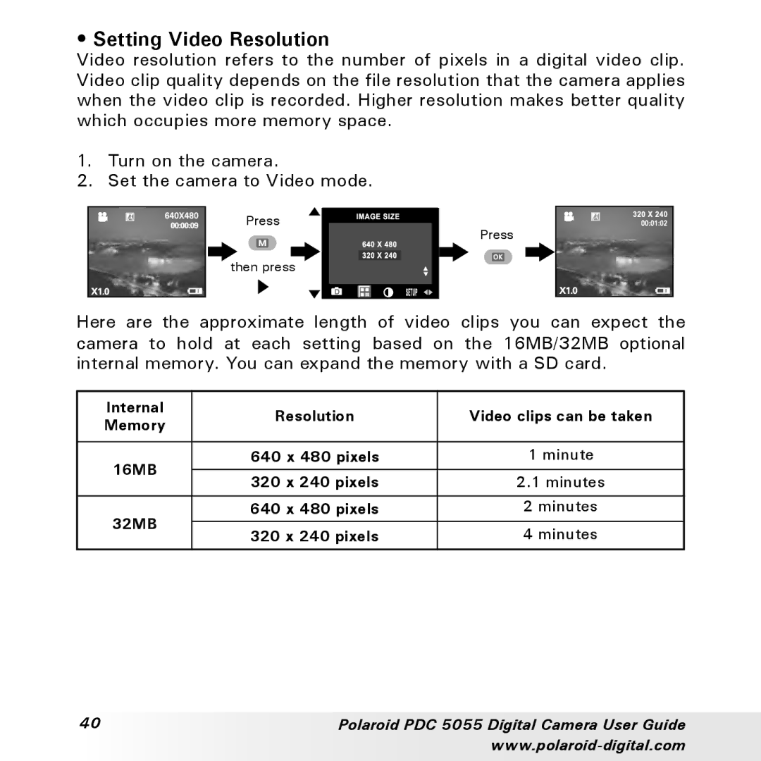 Polaroid PDC 505 manual Setting Video Resolution 