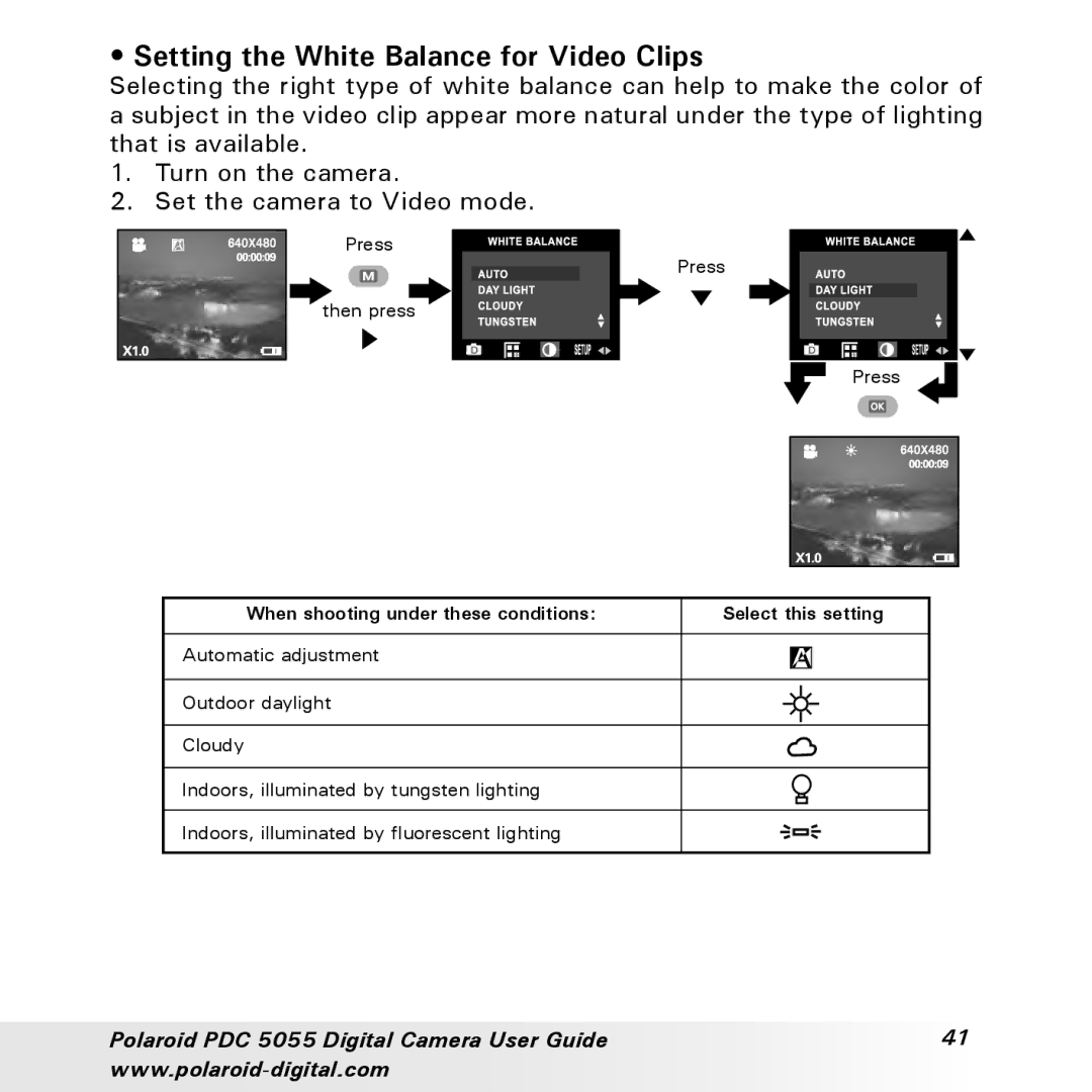 Polaroid PDC 505 manual Setting the White Balance for Video Clips 