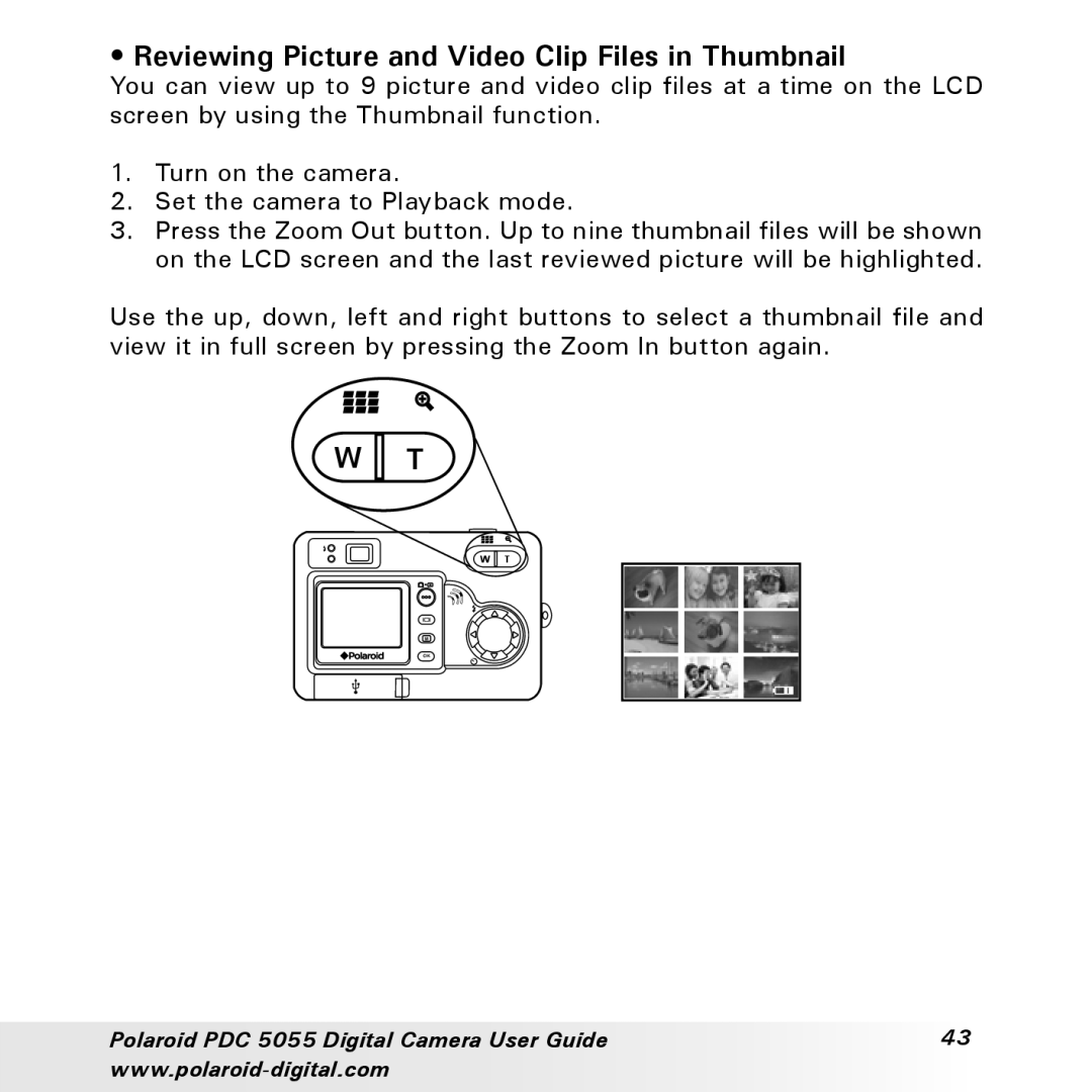 Polaroid PDC 505 manual Reviewing Picture and Video Clip Files in Thumbnail 