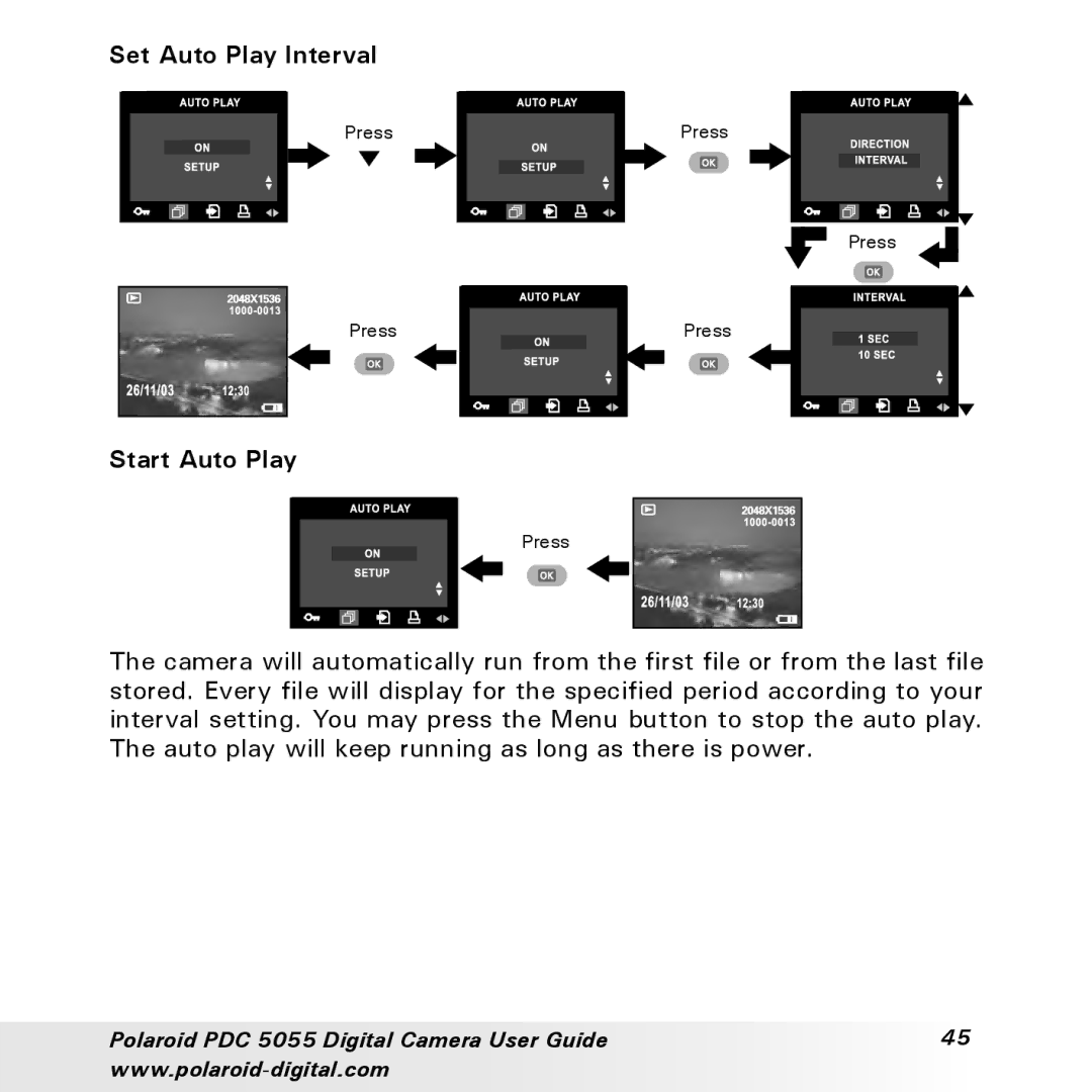 Polaroid PDC 505 manual Set Auto Play Interval, Start Auto Play 