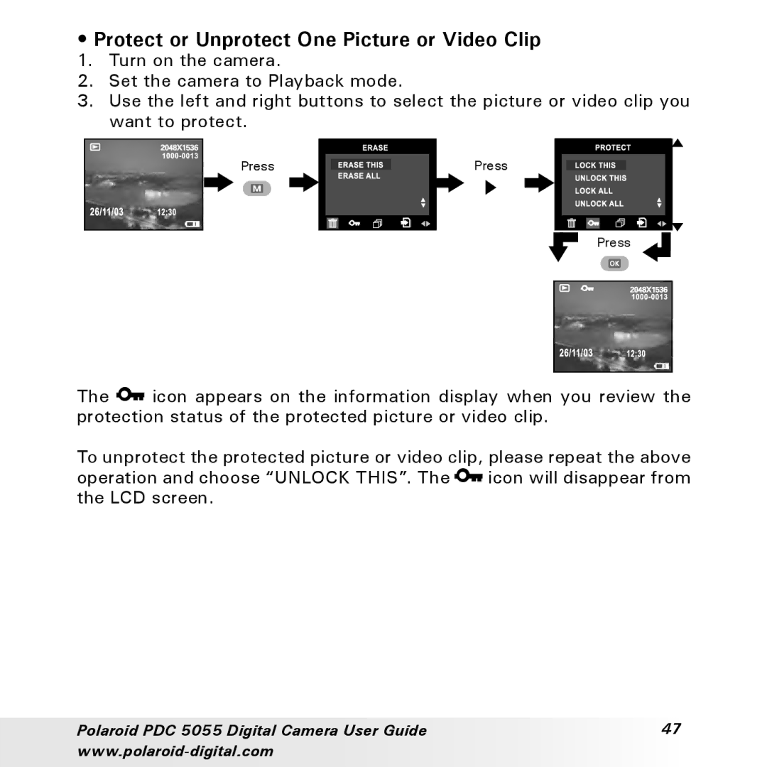 Polaroid PDC 505 manual Protect or Unprotect One Picture or Video Clip 