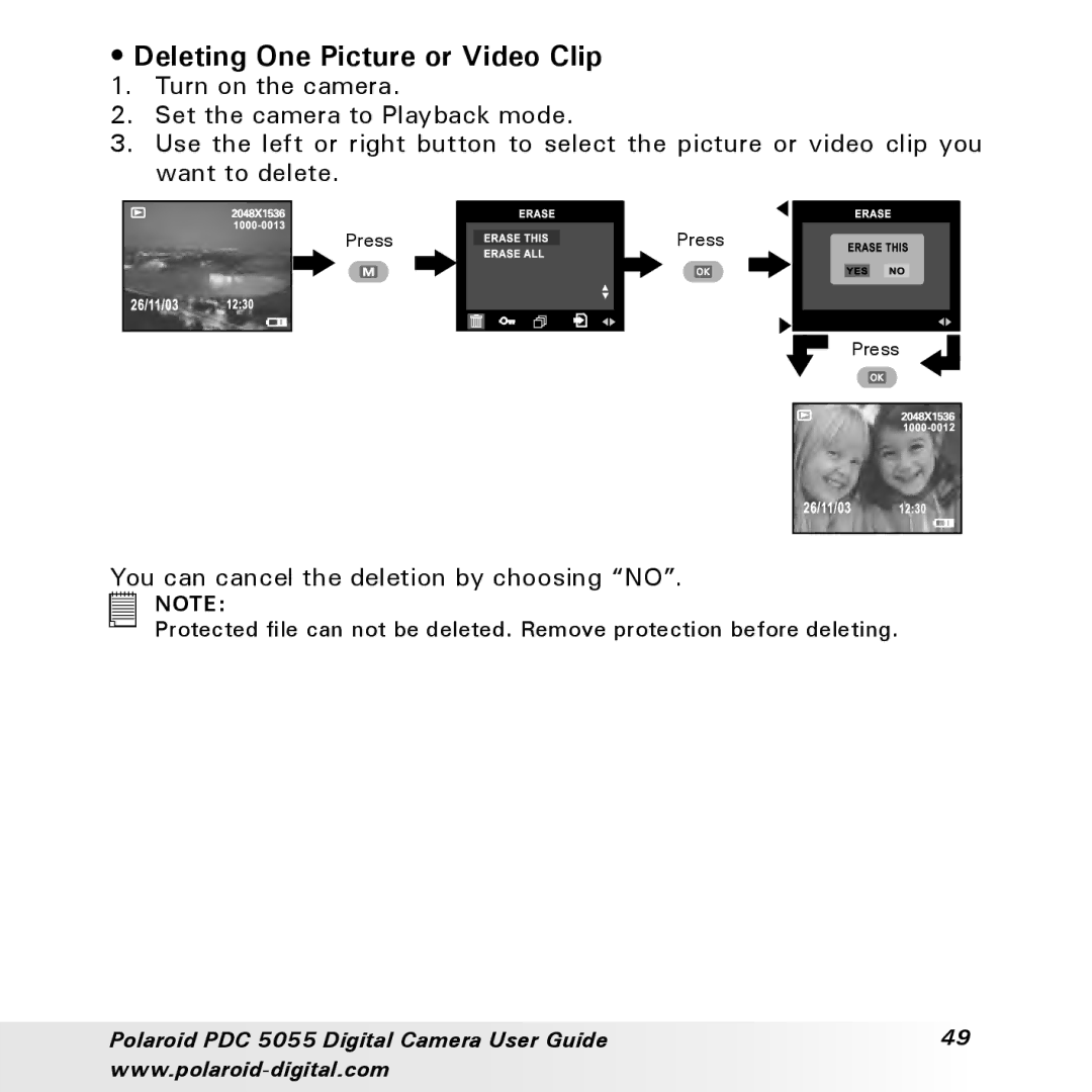 Polaroid PDC 505 manual Deleting One Picture or Video Clip, You can cancel the deletion by choosing no 