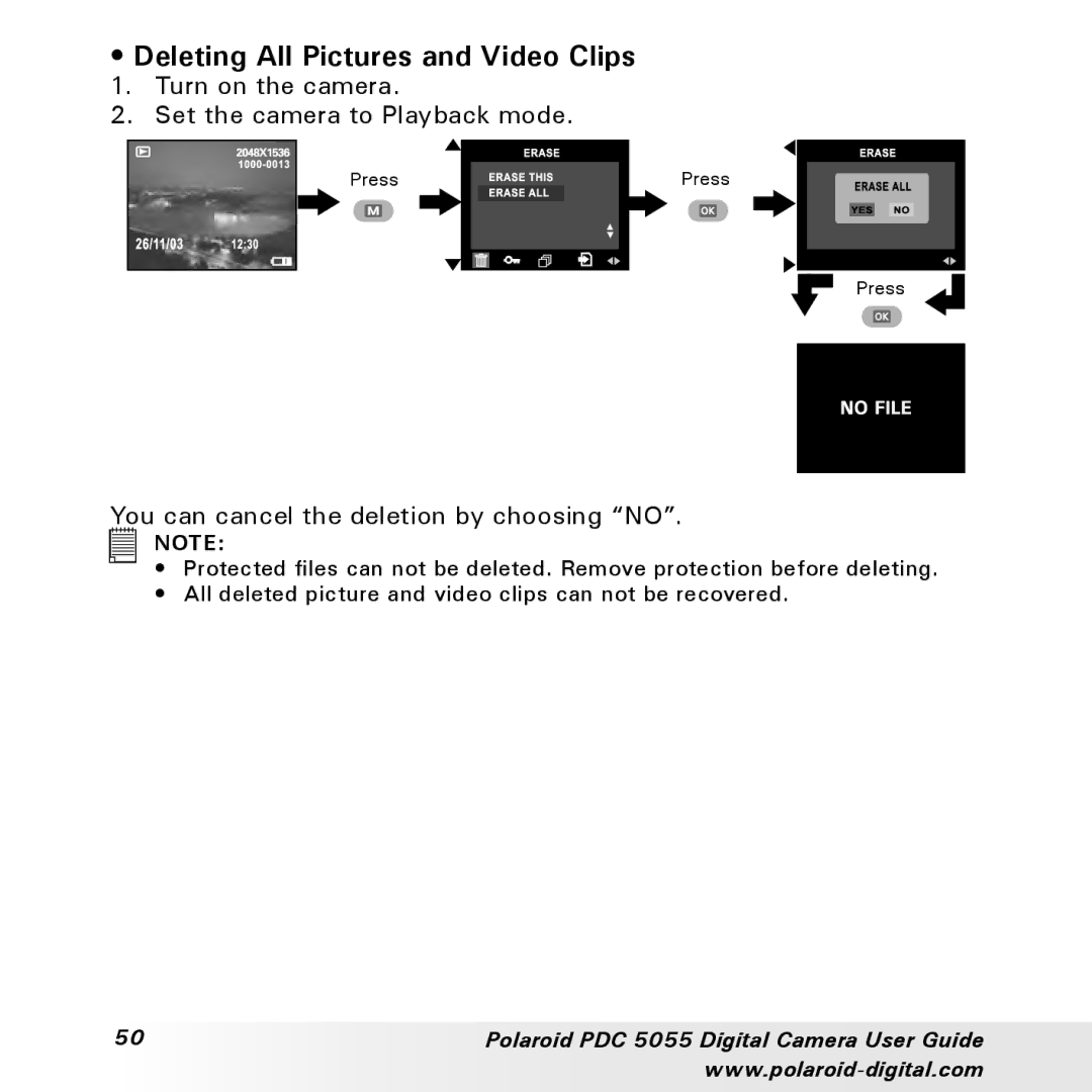 Polaroid PDC 505 manual Deleting All Pictures and Video Clips 