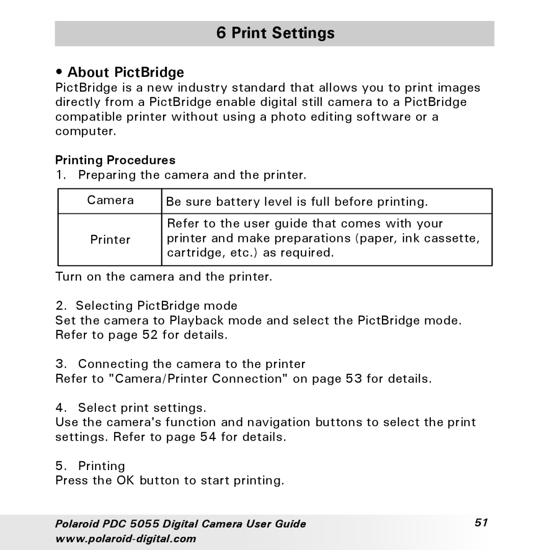 Polaroid PDC 505 manual Print Settings, About PictBridge, Printing Procedures 