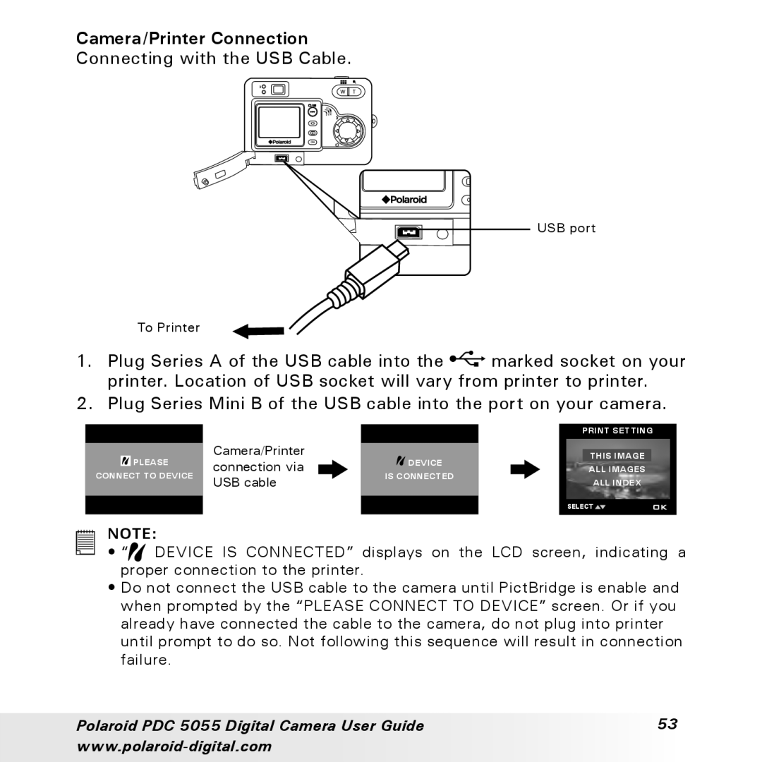 Polaroid PDC 505 manual Camera/Printer Connection 