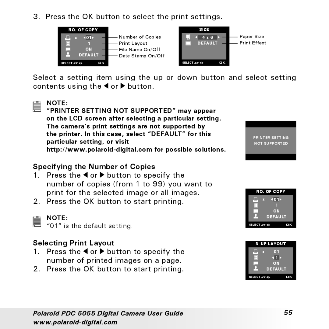 Polaroid PDC 505 manual Specifying the Number of Copies, Selecting Print Layout 