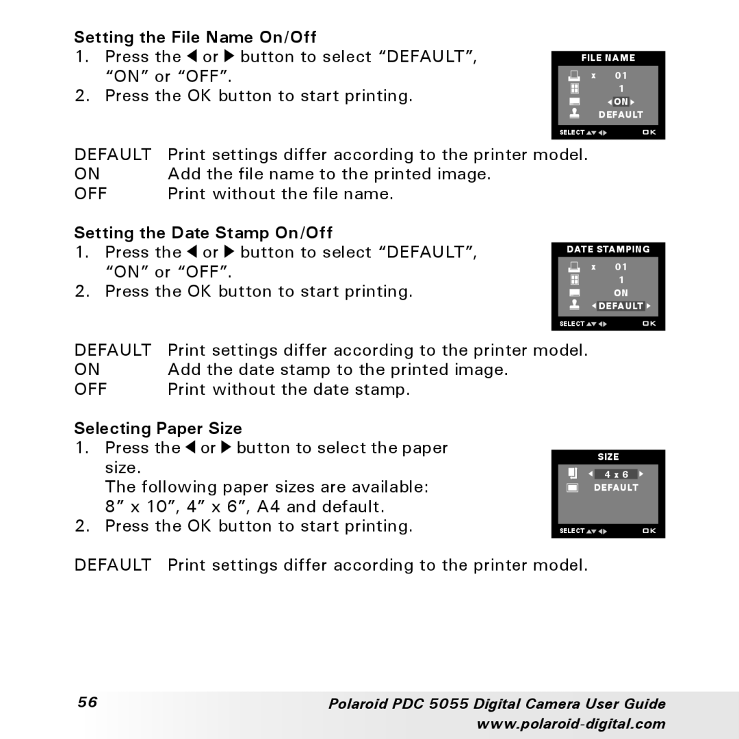 Polaroid PDC 505 manual Setting the File Name On/Off, Setting the Date Stamp On/Off, Selecting Paper Size 