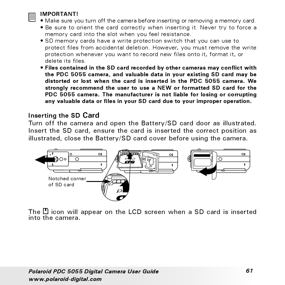 Polaroid PDC 505 manual Inserting the SD Card 