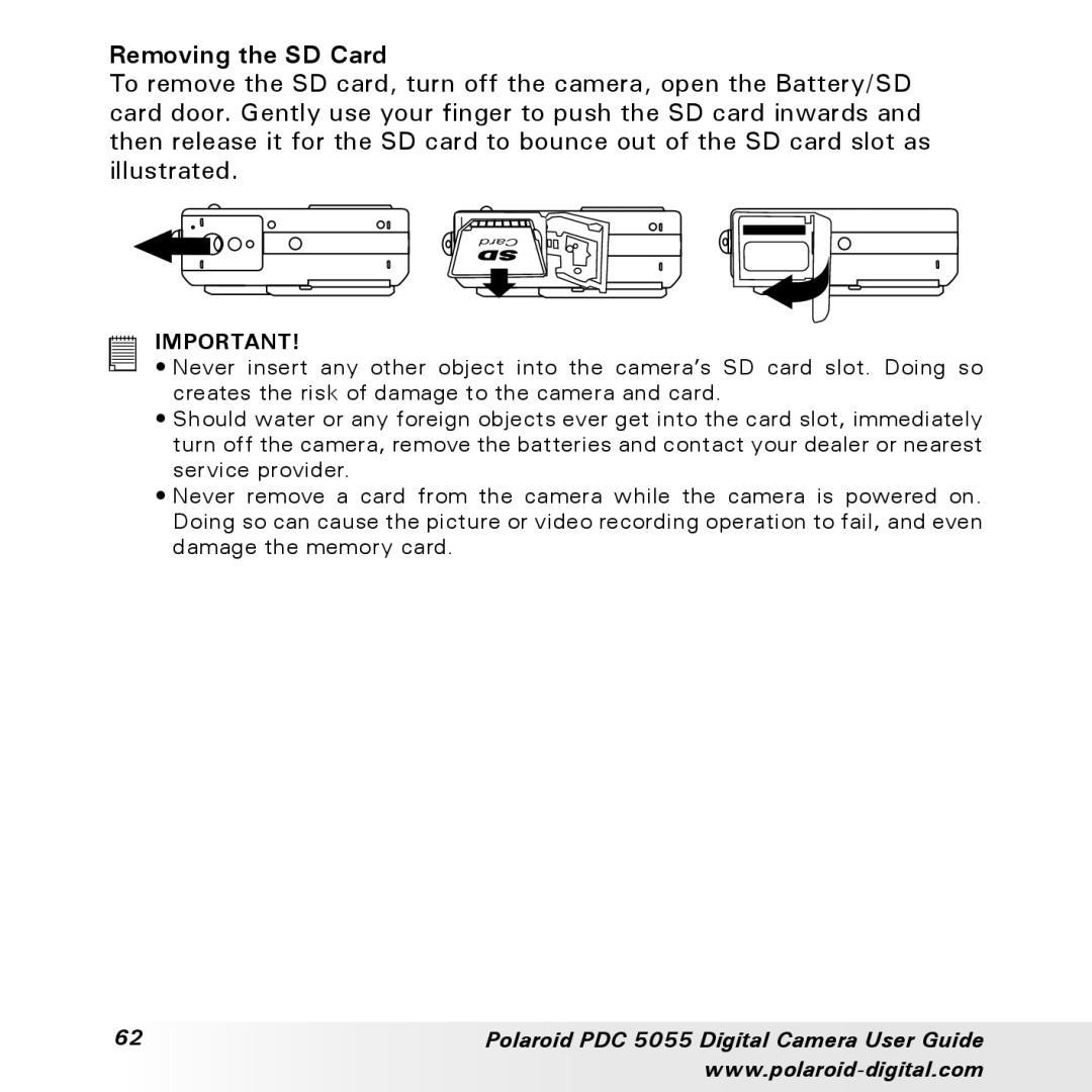 Polaroid PDC 505 manual Removing the SD Card 