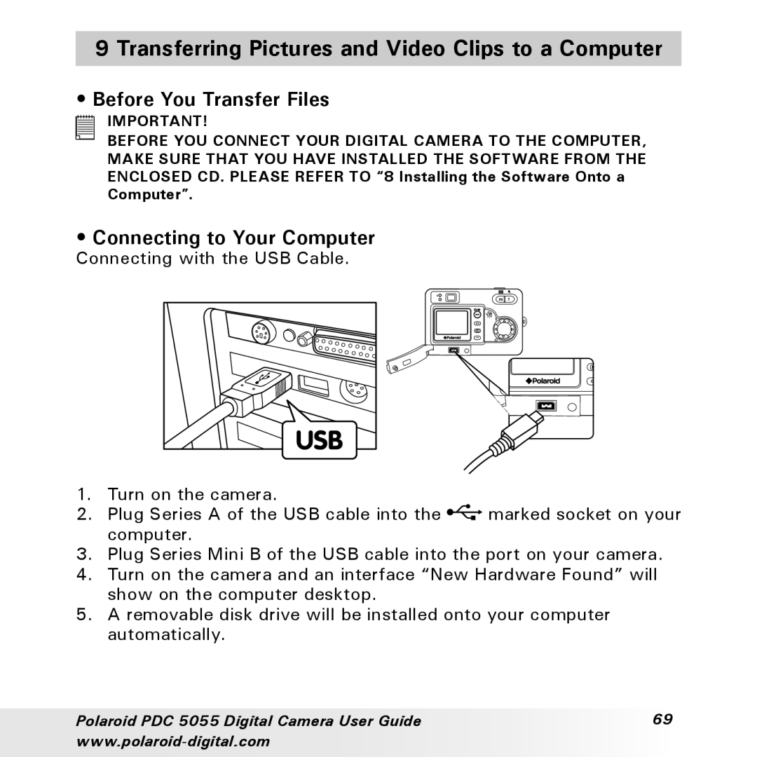 Polaroid PDC 505 manual Transferring Pictures and Video Clips to a Computer, Before You Transfer Files 