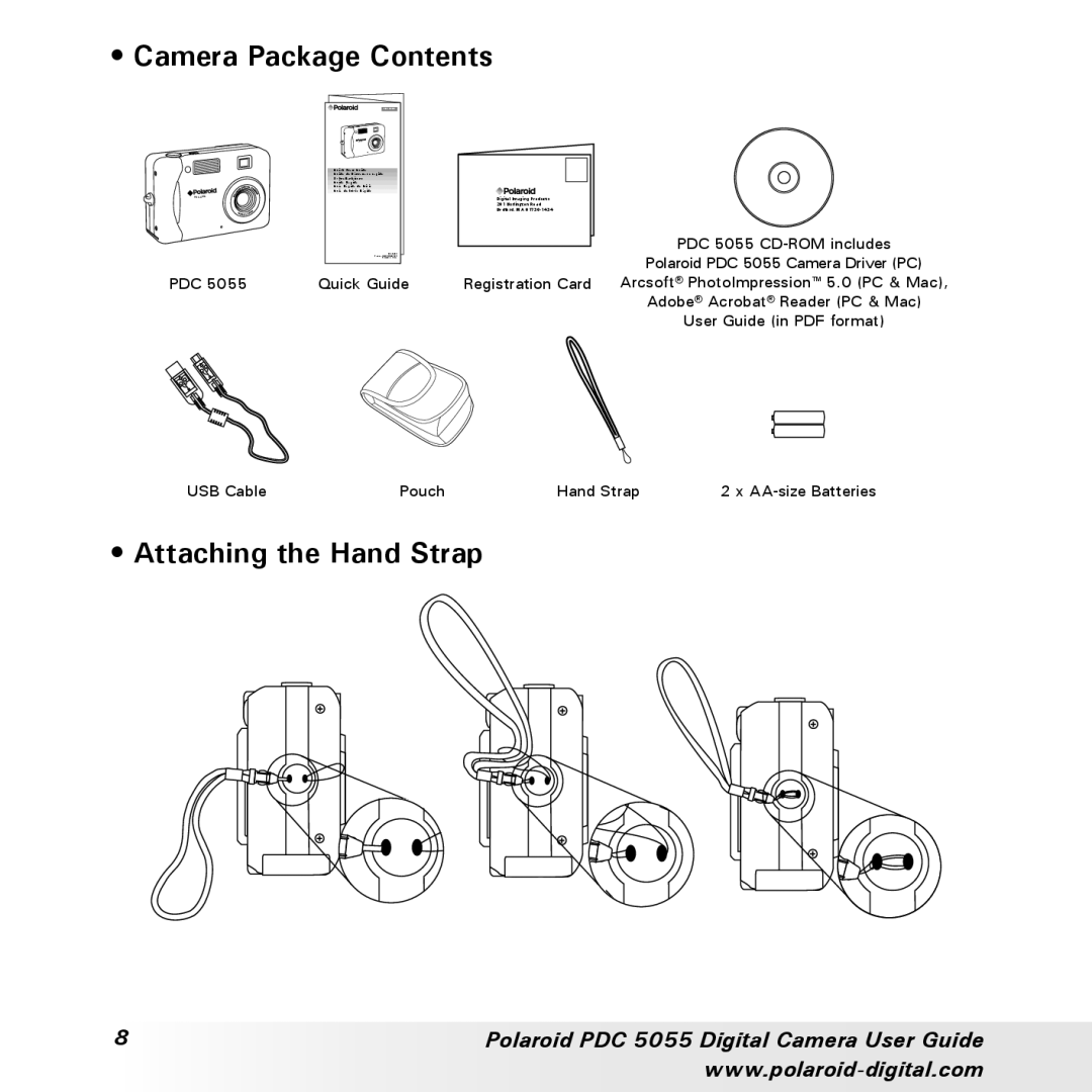 Polaroid PDC 505 manual Camera Package Contents, Attaching the Hand Strap 