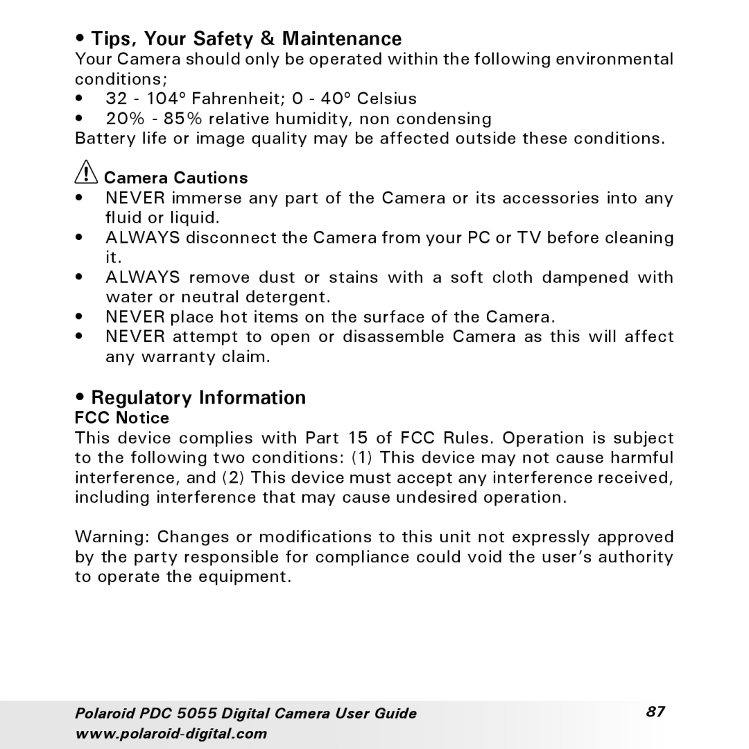 Polaroid PDC 505 manual Tips, Your Safety & Maintenance, Regulatory Information, Camera Cautions, FCC Notice 