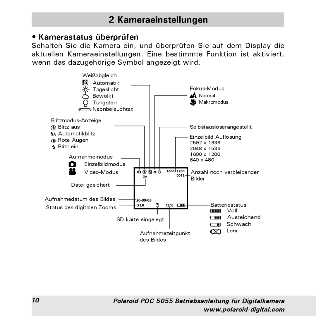 Polaroid PDC 5055 manual Kameraeinstellungen, Kamerastatus überprüfen 