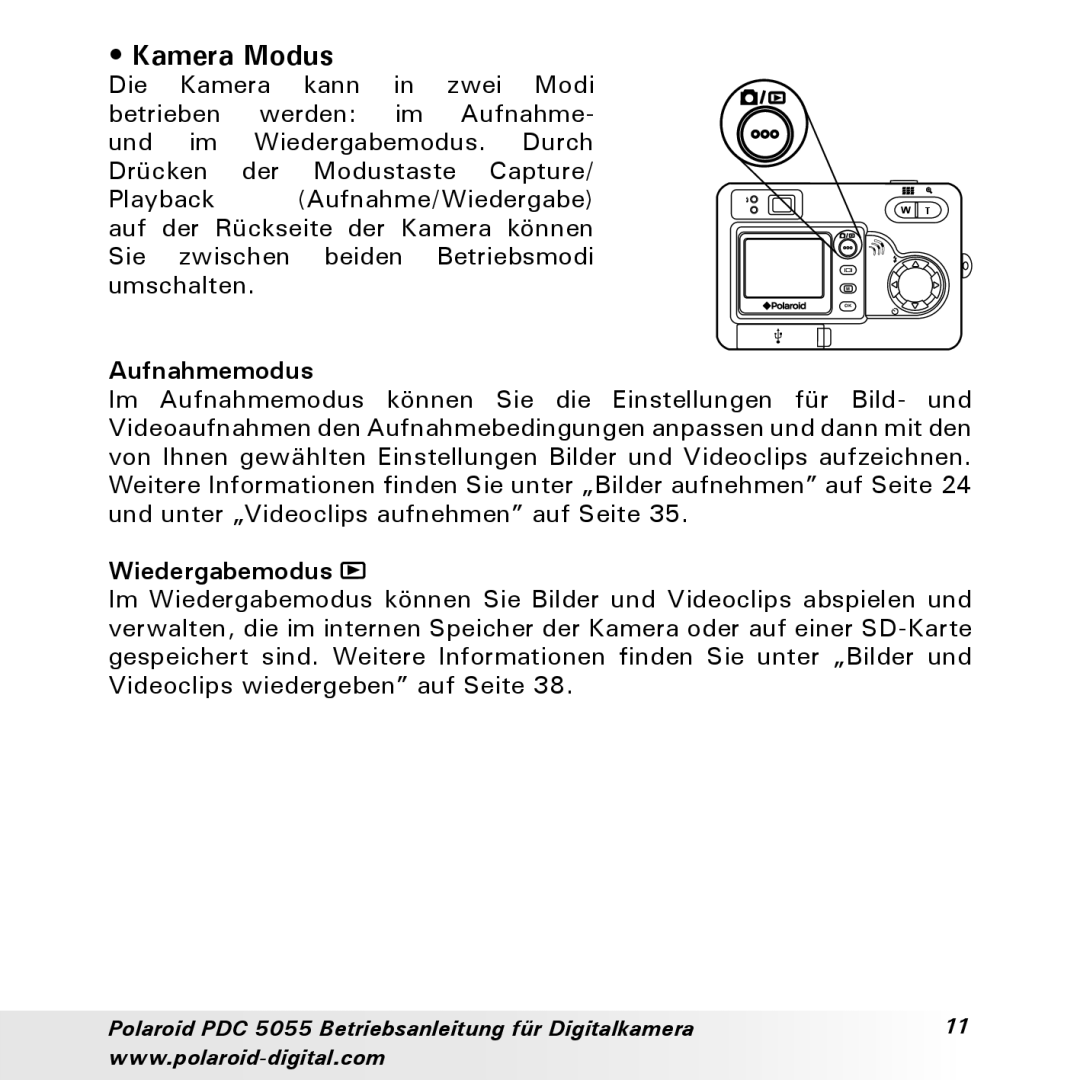 Polaroid PDC 5055 manual Kamera Modus, Aufnahmemodus, Wiedergabemodus 