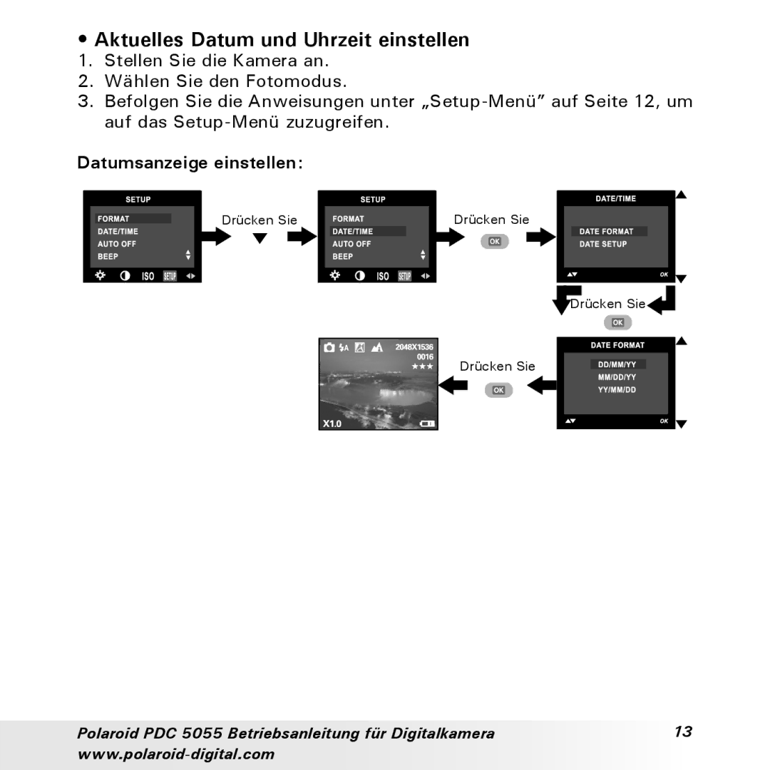 Polaroid PDC 5055 manual Aktuelles Datum und Uhrzeit einstellen, Datumsanzeige einstellen 