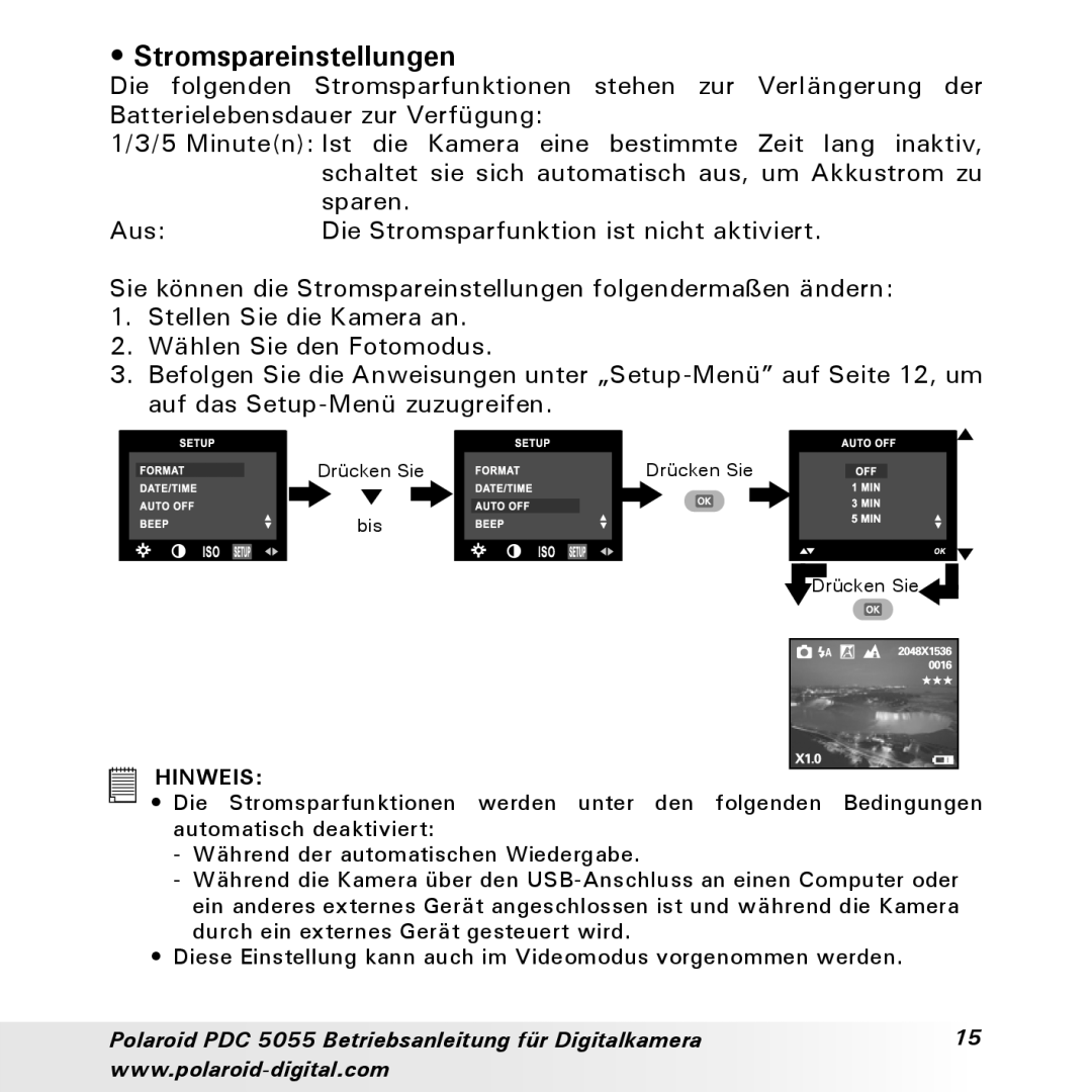 Polaroid PDC 5055 manual Stromspareinstellungen 
