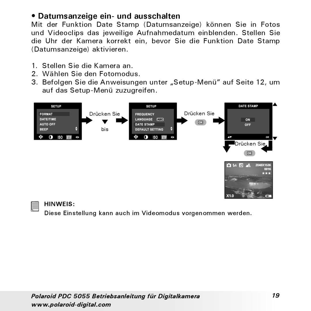 Polaroid PDC 5055 manual Datumsanzeige ein- und ausschalten 