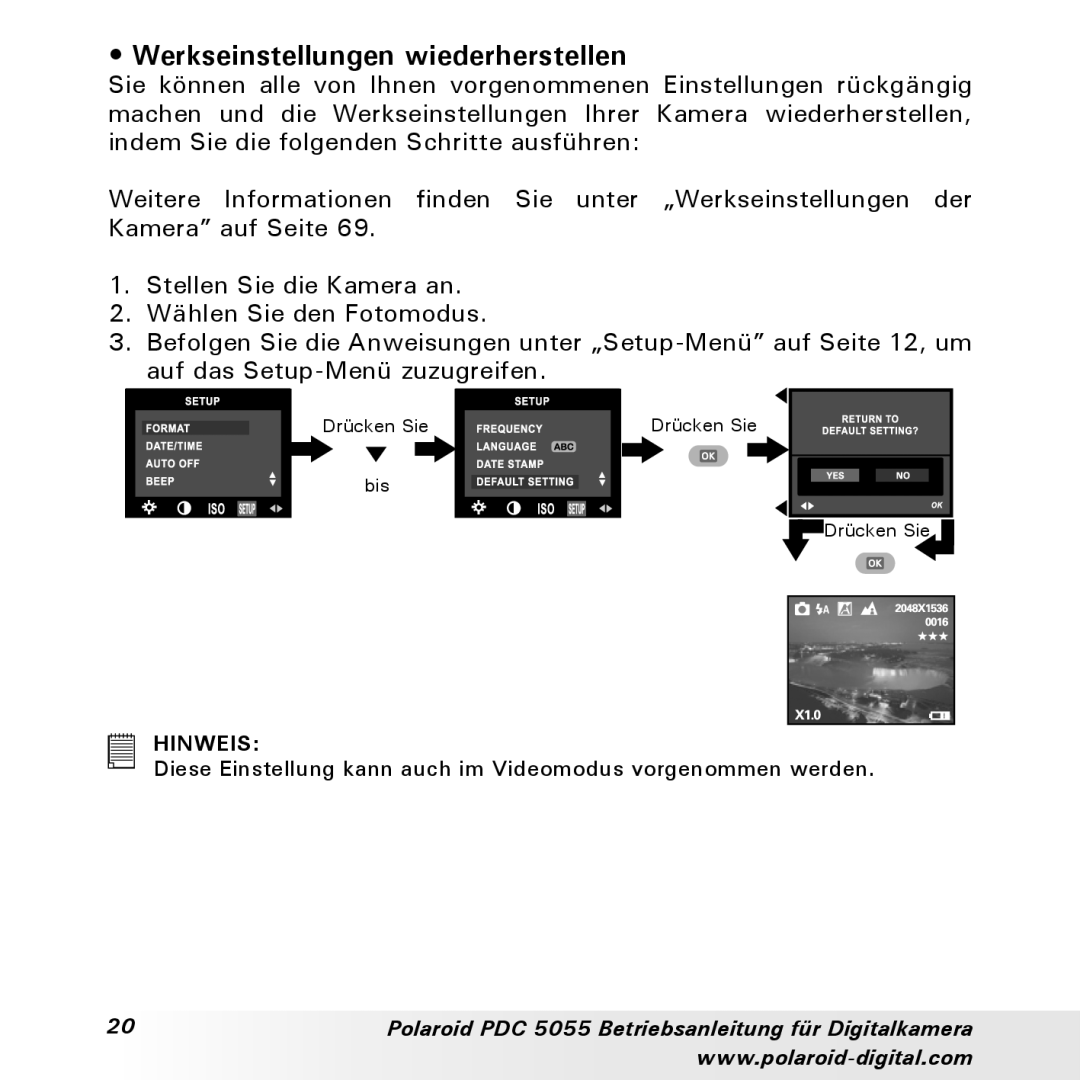 Polaroid PDC 5055 manual Werkseinstellungen wiederherstellen 