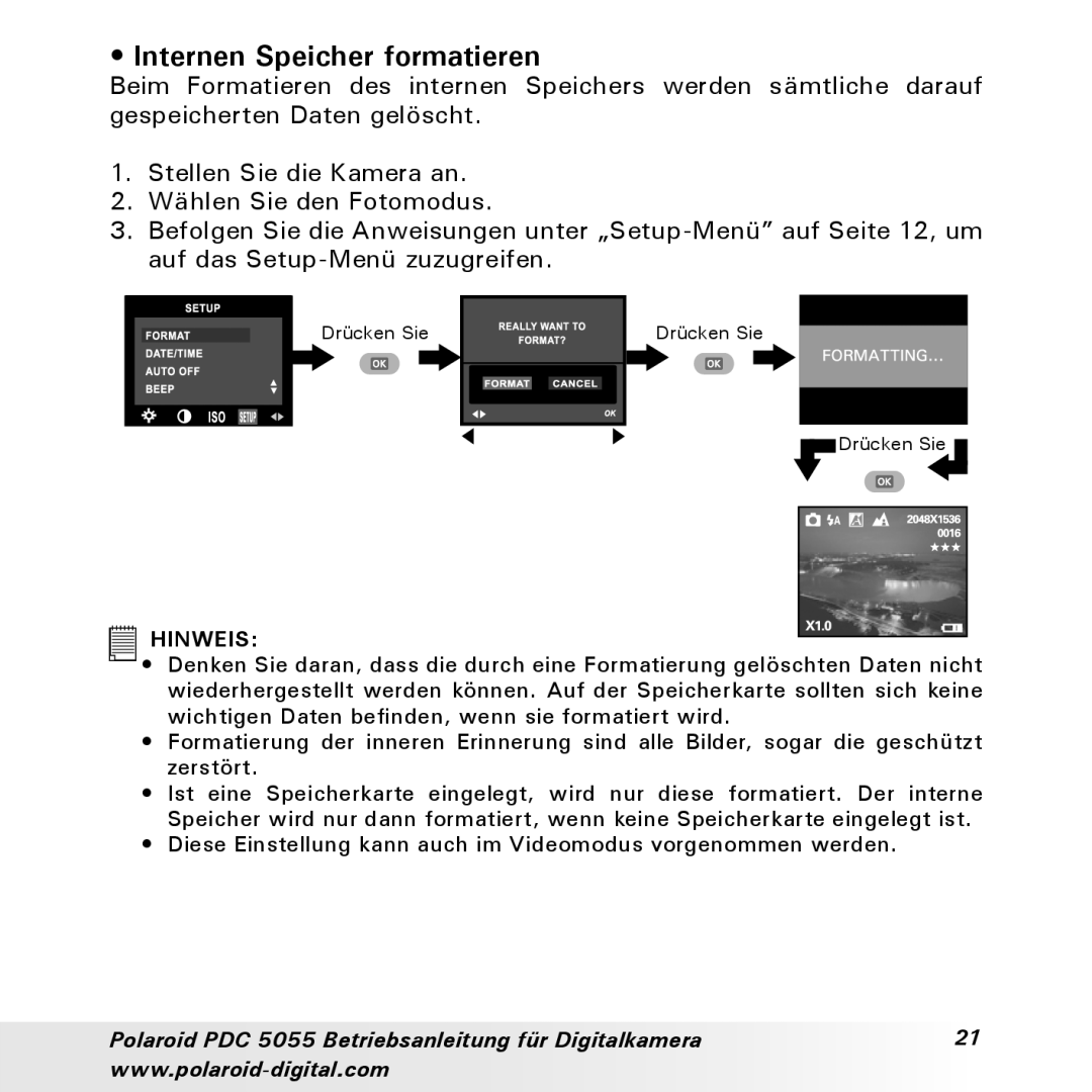 Polaroid PDC 5055 manual Internen Speicher formatieren 
