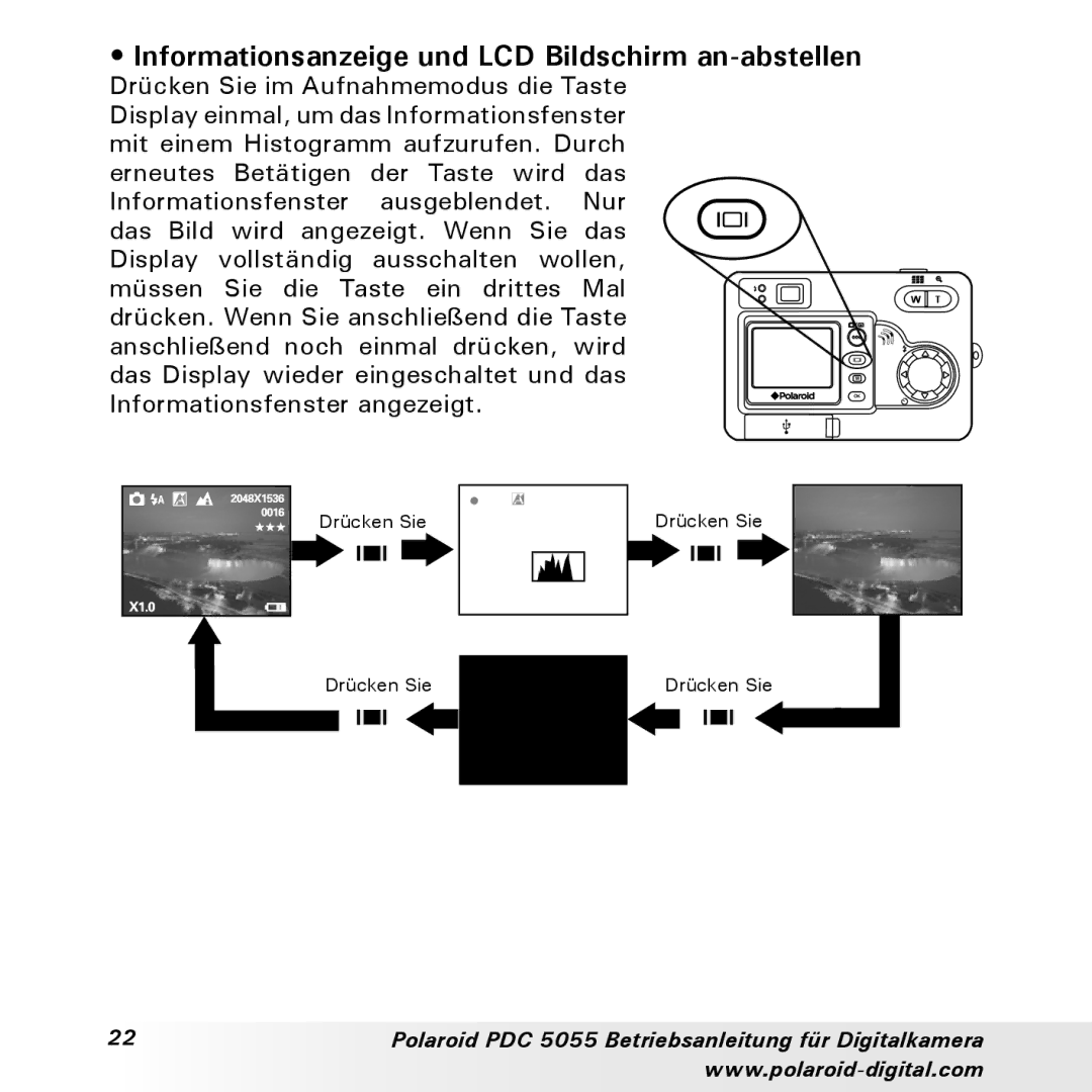 Polaroid PDC 5055 manual Informationsanzeige und LCD Bildschirm an-abstellen 