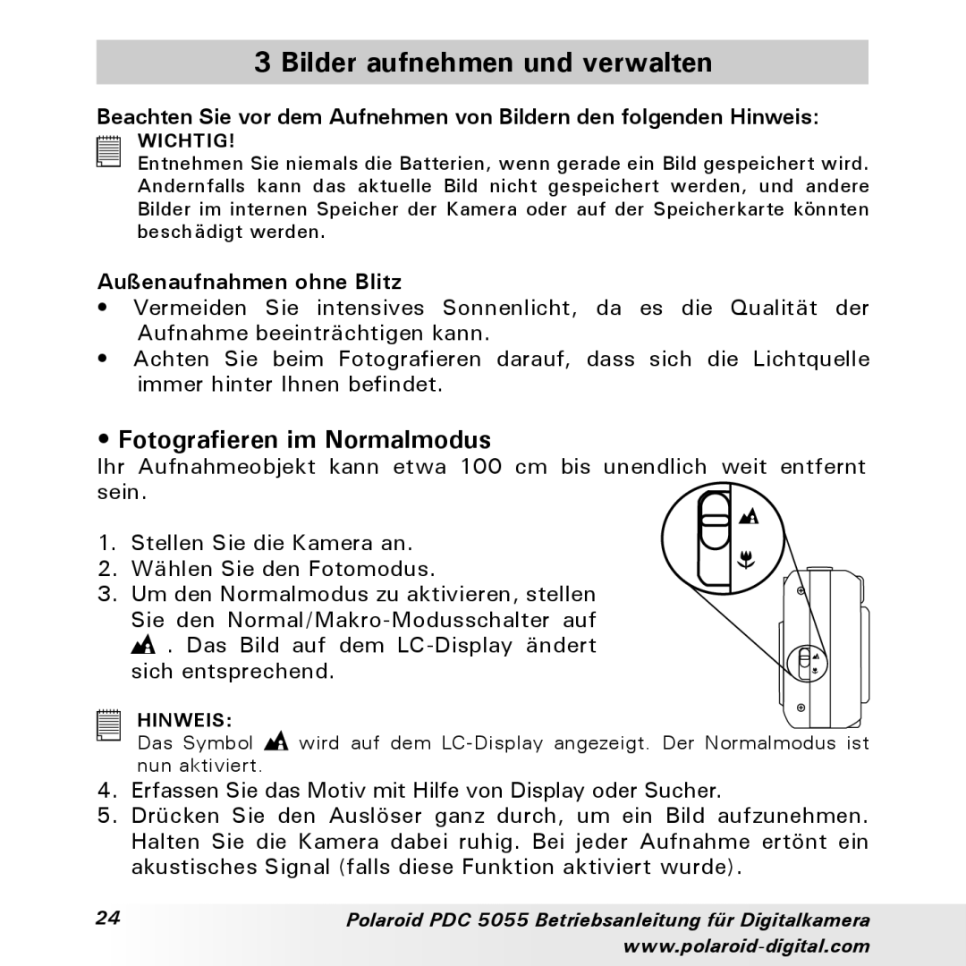 Polaroid PDC 5055 manual Bilder aufnehmen und verwalten, Fotografieren im Normalmodus, Außenaufnahmen ohne Blitz 