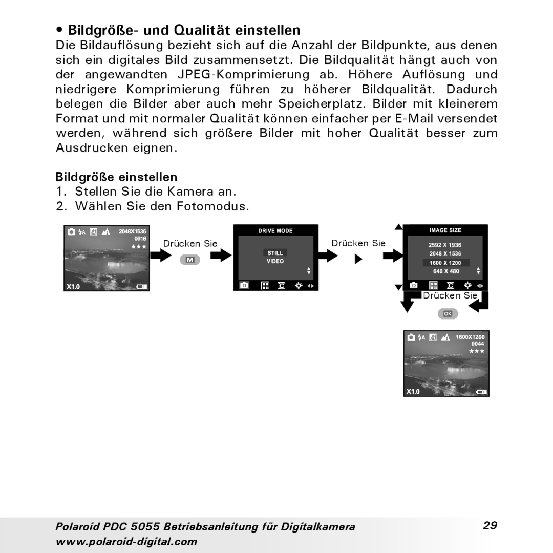 Polaroid PDC 5055 manual Bildgröße- und Qualität einstellen, Bildgröße einstellen 