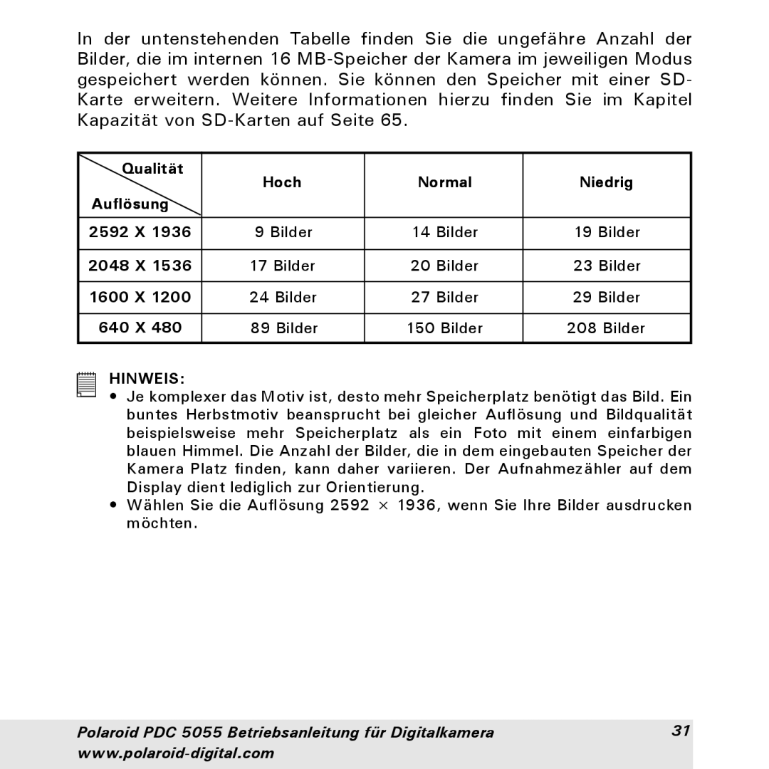 Polaroid PDC 5055 manual Qualität Hoch Normal Niedrig Auflösung 2592 X 