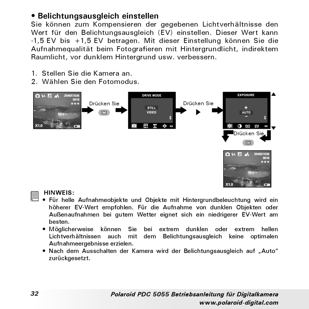 Polaroid PDC 5055 manual Belichtungsausgleich einstellen 