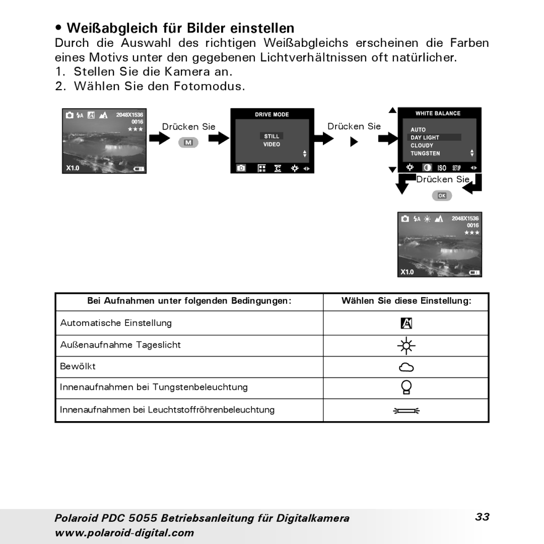 Polaroid PDC 5055 manual Weißabgleich für Bilder einstellen, Bei Aufnahmen unter folgenden Bedingungen 