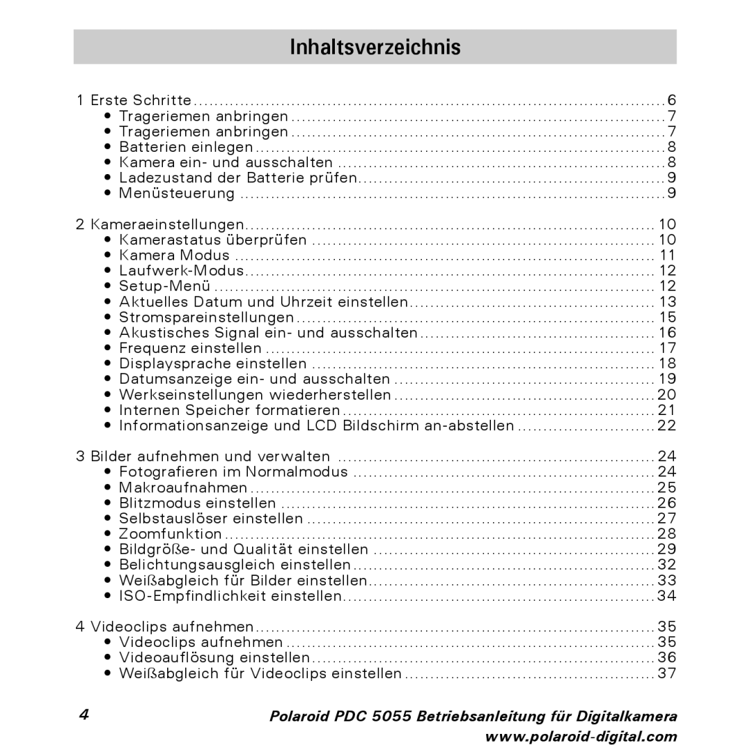Polaroid PDC 5055 manual Inhaltsverzeichnis 