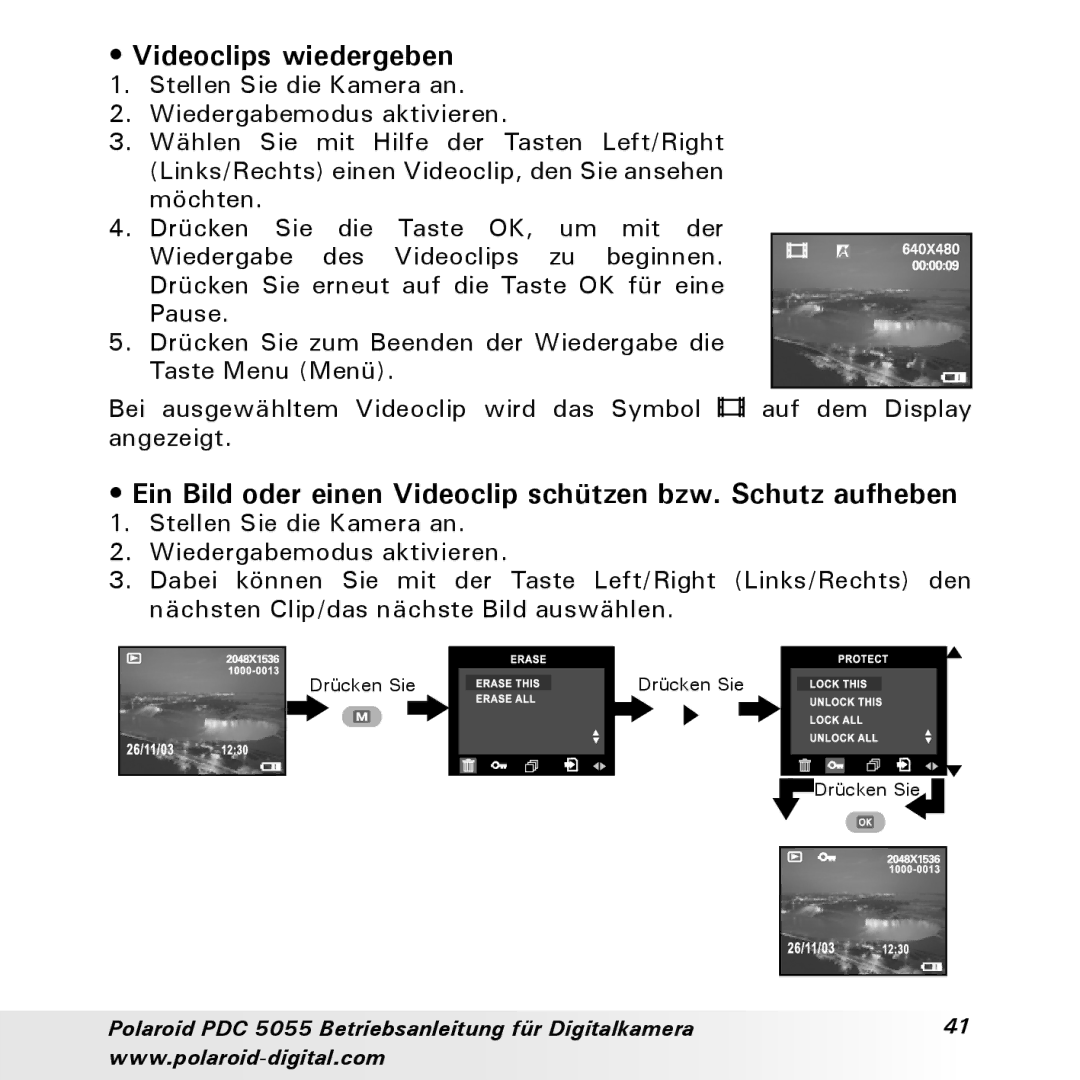 Polaroid PDC 5055 manual Videoclips wiedergeben, Ein Bild oder einen Videoclip schützen bzw. Schutz aufheben 