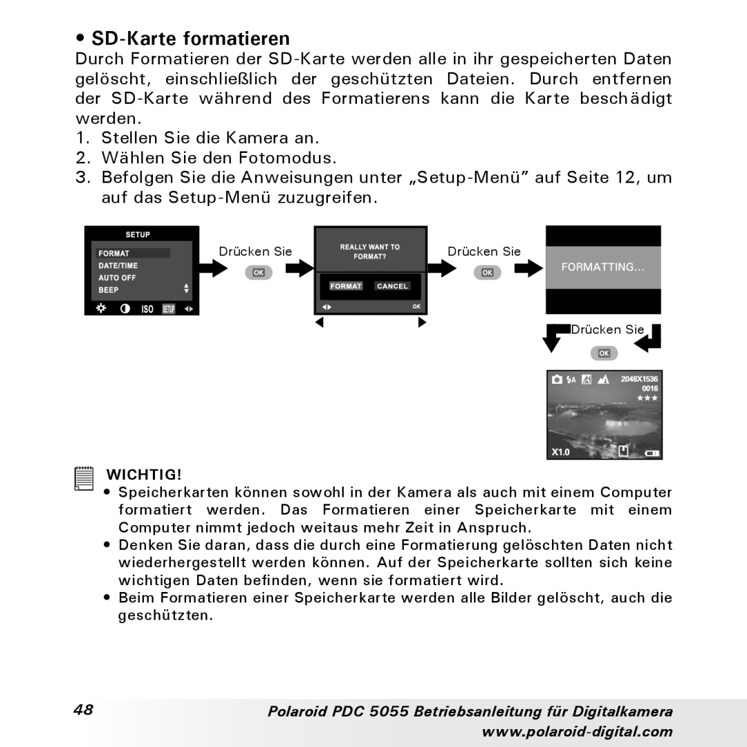 Polaroid PDC 5055 manual SD-Karte formatieren 