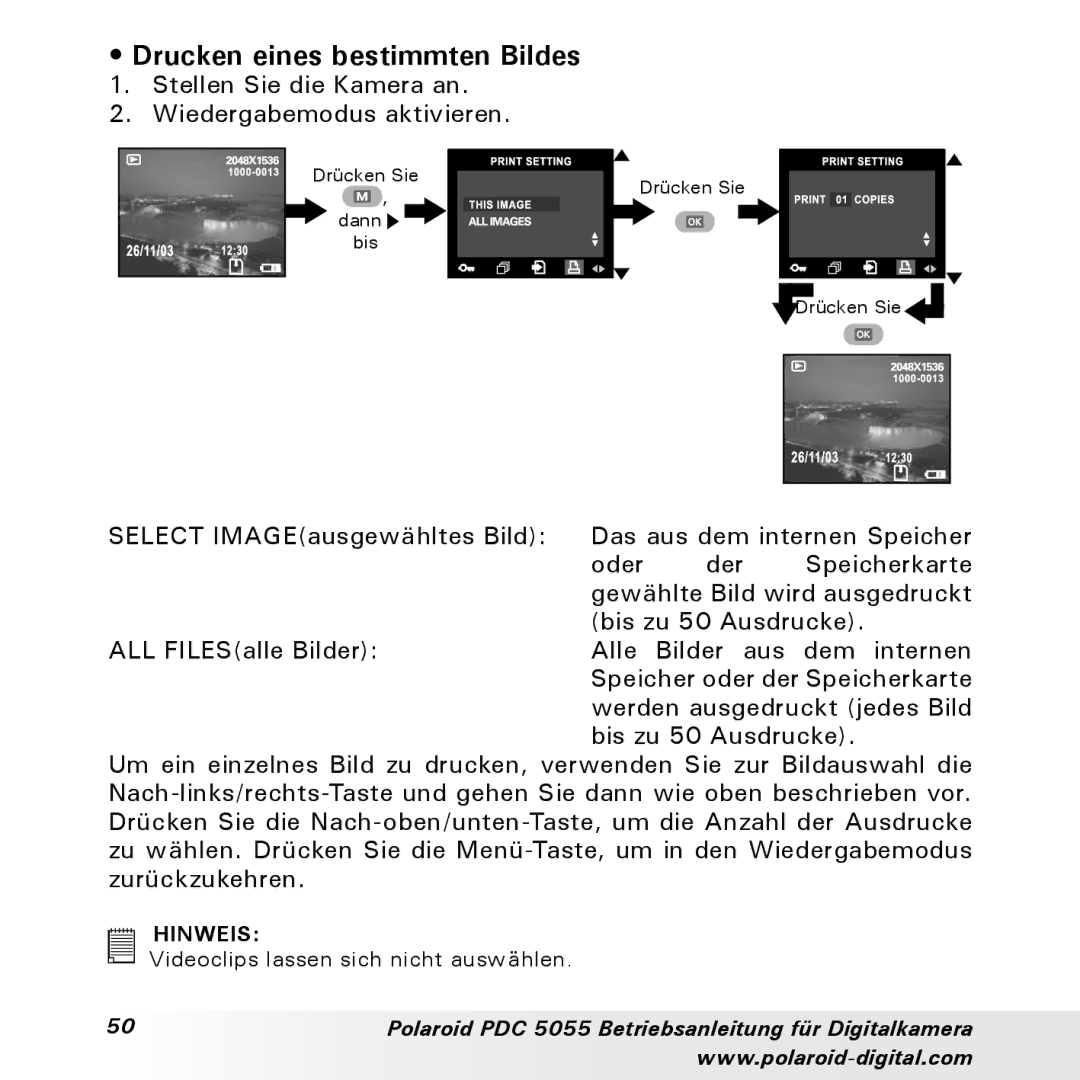 Polaroid PDC 5055 manual Drucken eines bestimmten Bildes 